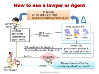 Patent Agents & Patent Attorneys




                       Patent Agents                              Patent Attorneys
             •   Generally an undergraduate            •    US: Get certifications by the PTO
                 degree in engineering or                   & the attorney-licensing authority
Work
                 science                                    (such as the state bar , supreme
ability
             •   May get a license by the PTO               court ..) of at least one state
                 (or TIPA at TW)                       •    TW: pass the national exam
             •   Express an opinion on
Clarifying       patentability                         Handle the patent application,
the issue    •   Help to find out the issue            copyrights and trademark
                 who make
Prosecute
                             X                                            O
in court
                                                                                            18
                                 Grace@iii.org.tw & cise.ntut
 