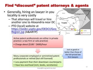 How to use a lawyer or Agent
                                         In advance
                         •   List the cost of every task
                         •   Send the bill state by time/fixed rate

Lawyer/
 Agent                                                                Keep saving in file
      Generate
      documents                     Send
                                    document                         Official
      (letter/official                                                          bills   letters
                                                                     papers
      paper) for you

                                                                           Understand
                    Ask practitioner to explain it
                                                                    practitioner’s propose &
                    Be entitled know what & why to do
                                                                    take the course of action
                   Pay $$                evaluation

                                                                The practitioner isn’t acting
                                    Change                   competently, ethically or honestly …
Another
Patent Agent                                                                                      19
                                     Grace@iii.org.tw & cise.ntut
 