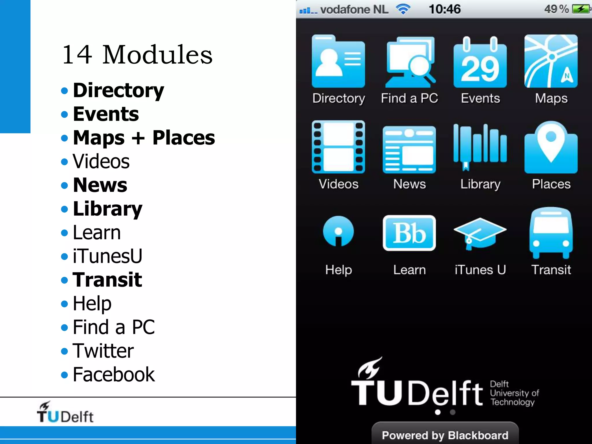 14 Modules
• Directory
• Events
• Maps + Places
• Videos
• News
• Library
• Learn
• iTunesU
• Transit
• Help
• Find a PC
• Twitter
• Facebook
                  OpenData   9
 
