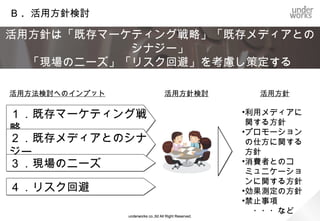 Ａ. 市場調査・他社事例調査

 ターゲットとする市場におけるソーシャルメディア利用動向や
       他社の成功事例・失敗事例を調査し
        ガイドラインへのインプットとする

                                                           インプットの観点
 市場調査
 • ターゲットとする国・地域において、どのようなソーシャ                              利用するソーシャル
   ルメディアが利用されているか？                                         メディアの選定や
   シェアや登録者数の推移は?                                           利用形態検討への
 • 消費者はどのような方法で利用しているか？                                    インプットとする。

 競合他社の成功事例・失敗事例
 • 企業と消費者の間でどのようなコミュニケーションが                                成功事例は積極的
   なされているか？                                                に採用し、
 • 先進企業はどのような活用の仕方をしているか？                                  失敗事例はリスク回
 • 企業と消費者の間でどのようなトラブルがあったか？                                避策を検討する。

                  underworks co.,ltd All Right Reserved.
 