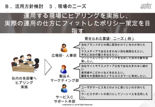 （例）主要ソーシャルメディア特性一覧
サービスカテゴ   サービス名               利用状況                     メディア環境                                  その他                       コメント
  リー
                      情報コントロール       交流の活   利用のしやす     オープン度             形態           効果測定指      コンテンツ審
                       の出来る範囲        発度、深     さ                                       標の有無       査・認証プロ
                                       さ                                                         セスの有無


   マイクロ    Twitter                                                                                        有名企業・著名人による利用が進み、注目度が高まっている。
                      自己アカウント         ○       ○            ○             テキスト              ○         ○
                                                                                                              国内月間PVにおいてmixiを追い抜いた。
   ブログ
          mixiボイス                                                                                         Twitterに類似するmixi内のサービス。つぶやきを購読するに
                      自己アカウント         △       △            ×             テキスト              ×         ○
                                                                                                                        は要マイミク登録。

          Facebook                                                       テキスト                             世界で最も勢いのあるサイト。本年中にPVにおいてGoogle,
                      自営ファンサイト        ○       △            △            画像・写真              ○         △        Yahoo!を抜きNo.1サイトになる見込み。
                                                                          動画
  SNS
          MySpace                                                        テキスト                                       Facebookに押され失速。
                      自己アカウント         ○       △            △            画像・写真              ○         △
                                                                          動画

           LinkedIn                                                      テキスト                             ビジネスに特化しすぎたSNSであり、一般ユーザの利用開始
                      自己アカウント         ○       △            △                               ○         △
                                                                        画像・写真                                       の敷居が高い。

             mixi                                                        テキスト                                日本国内SNSの草分け。日本3大SNSのひとつ。
                      自己アカウント         △       △            △            画像・写真              △         ○
                                                                          動画

            GREE                                                         テキスト                                 モバイルソーシャルゲームに進出し急成長。
                      自己アカウント         ×       ○            ○            画像・写真              △         ○
                                                                          動画

          モバゲータ                                                          テキスト                             モバイルソーシャルゲームという新ジャンルを開拓し、急成長。
            ウン        自己アカウント         ×       ○            ○            画像・写真              △         △            対PCでは出遅れている。
                                                                          動画

 動画共有     YouTube     自己アカウント                                            テキスト                                 世界最大の動画共有サイト。Googleが運営。
                                      △       ○            ○                               ○         ○
                      自営チャンネル                                             動画

          USTREAM     自己アカウント                                            テキスト                             ユーザが動画をブロードキャストできるサービス。企業が製
                                      ○       △            ○                               ○         ○       品発表会などに活用する事例が増えてきた。
                      自営チャンネル                                             動画

          ニコニコ動画      自己アカウント                                            テキスト                             視聴には要ユーザ登録。2ちゃんねるの動画版的な存在で、
                                      △       △            △                               ○         ○        著作権面でグレーなコンテンツが多い。
                      自営チャンネル                                             動画

  ブログ                                                                    テキスト                                    アメブロ, FC2, livedoorブログなど
                       自己サイト          △       ○            ○                               ○         ×
                                                                        画像・写真                                 *ユーザ数はテクノラティによるトラッキング数

 掲示板      2ちゃんねる                                                                                          日本最大の老舗掲示板。匿名性を売りにしているため、情報
                         不可           ×       ○            ○             テキスト              △         ×      の信憑性は低い。話題の震源地になることが多い。

  Q&A     OK Wave        不可           ×       ○            ○             テキスト              △         ×             日本最大級のQ&Aサイト。

  Wiki    Wikipedia                                                      テキスト                                       登録アカウント数は25M
                         不可           ×       ○            ○                               △         ×
                                                                        画像・写真

                                                  underworks co.,ltd All Right Reserved.                                              ２０１１年１月現在
 