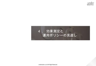 Ｂ. 活用方針検討 ４．リスク回避

 想定されるリスク、他社で実際に発生した失敗事例を
  一覧化し、対応する回避策や禁止事項を検討する
 •社員による失言                                               •失言によるトラブル
                                                        •失言によるトラブル
 •社員による失言                                               ⇒ ダブルチェックや承認フローを設定
                                                        ⇒ ダブルチェックや承認フローを設定
 •なりすましによる誹謗中傷
 •なりすましによる誹謗中傷                                          ⇒ 原則自社製品に関する発言に限定
                                                        ⇒ 原則自社製品に関する発言に限定
 •サポート不備による満足度低下
 •サポート不備による満足度低下                                        ⇒ 政治・宗教・人種等の話題は禁止
                                                        ⇒ 政治・宗教・人種等の話題は禁止

    想定されるリスク                                            •なりすまし
                                                        •なりすまし
                                                        ⇒ 公式アカウント一覧を公開
                                                        ⇒ 公式アカウント一覧を公開

                                                        •やらせ
                                                        •やらせ
                                                        ⇒ ステルスマーケティングは厳禁
                                                        ⇒ ステルスマーケティングは厳禁

                                                        •悪質なＢＯＴ
                                                        •悪質なＢＯＴ
                                                        ⇒ ユーザへの押し付け型配信を禁止
                                                        ⇒ ユーザへの押し付け型配信を禁止

                                                            想定されるリスクや失敗事例に対応した
                                                                回避策・禁止事項（例）
    他社の失敗事例
                   underworks co.,ltd All Right Reserved.
 