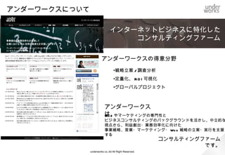 アンダーワークスについて

                                                インターネットビジネスに特化した
                                                    コンサルティングファーム

                           アンダーワークスの得意分野
                                     •戦略立案/調査分析
                                     •定量化、ROI可視化
                                     •グローバルプロジェクト



                           アンダーワークスは、
                           Webやマーケティングの専門性と
                           ビジネスコンサルティングのバックグラウンドを活かし、中立的な視点から、
                           利益創出・業務効率化に向けた
                           事業戦略、営業・マーケティング・Web戦略の立案・実行を支援する

                                                        コンサルティングファームです。

               underworks co.,ltd All Right Reserved.
 