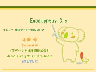 Eucalyptus 3.x
そして… 俺はやったぜ的ななにか


          羽深 修
          @habuka036
  NTTデータ先端技術株式会社
 Japan Eucalyptus Users Group
          2012/05/12
 