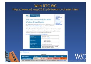 Web RTC WG 
http://www.w3.org/2011/04/webrtc-charter.html




                                                                                                           These slides are copyright © 2011 W3C (MIT, ERCIM & Keio). 	

         Stata Center photo by See-Ming Lee available under a Creative Commons Attribution Share-Alike 2.0 License http://www.ﬂickr.com/photos/seeminglee/3791607622/ 	

 