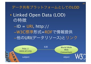 44

データ共有プラットフォームとしてのLOD

•  Linked Open Data (LOD) 
   の特徴
 – ID = URI, http://
 – W3C標準形式=RDFで情報提供
 – 他のURI(データリソース)とリンク

                                                       名前                                           World Wide
      http://
                                                                                                       Web
    www.w3.org
                                                                                                    Consortium

      subject                                                                                               object
                                                                                                           These slides are copyright © 2011 W3C (MIT, ERCIM & Keio). 	

         Stata Center photo by See-Ming Lee available under a Creative Commons Attribution Share-Alike 2.0 License http://www.ﬂickr.com/photos/seeminglee/3791607622/ 	

 