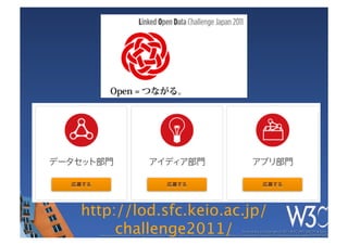 http://lod.sfc.keio.ac.jp/
     challenge2011/                                                                                 These slides are copyright © 2011 W3C (MIT, ERCIM & Keio). 	

  Stata Center photo by See-Ming Lee available under a Creative Commons Attribution Share-Alike 2.0 License http://www.ﬂickr.com/photos/seeminglee/3791607622/ 	

 