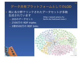 16

  データ共有プラットフォームとしてのLOD
•  既に各分野でリンクされたデータセットが多数
   生成されています
   (http://www4.wiwiss.fu-
  –  203のデータセット
                                                      berlin.de/lodcloud/state/)

  –  2500万の RDF triples
  –  3億9500万の RDF links




                                                                                                              These slides are copyright © 2012 W3C (MIT, ERCIM & Keio). 	

            Stata Center photo by See-Ming Lee available under a Creative Commons Attribution Share-Alike 2.0 License http://www.ﬂickr.com/photos/seeminglee/3791607622/ 	

 