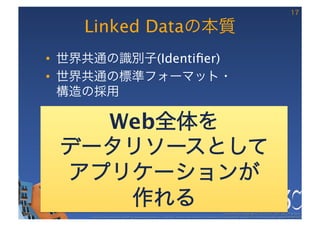 17

    Linked Dataの本質
•  世界共通の識別子(Identiﬁer)
•  世界共通の標準フォーマット・ 
   構造の採用

   Web全体を
 データリソースとして
 アプリケーションが
    作れる                                                                                                These slides are copyright © 2012 W3C (MIT, ERCIM & Keio). 	

     Stata Center photo by See-Ming Lee available under a Creative Commons Attribution Share-Alike 2.0 License http://www.ﬂickr.com/photos/seeminglee/3791607622/ 	

 