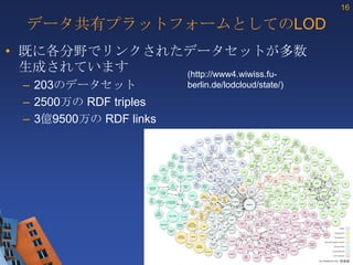 16

  データ共有プラットフォームとしてのLOD
• 既に各分野でリンクされたデータセットが多数
  生成されています    (http://www4.wiwiss.fu-
  – 203のデータセット                         berlin.de/lodcloud/state/)

  – 2500万の RDF triples
  – 3億9500万の RDF links




                                                                      These slides are copyright © 2012 W3C (MIT, ERCIM & Keio).
                         Stata Center photo by See-Ming Lee available under a Creative Commons Attribution Share-Alike 2.0 License
                                                                              http://www.flickr.com/photos/seeminglee/3791607622/
 