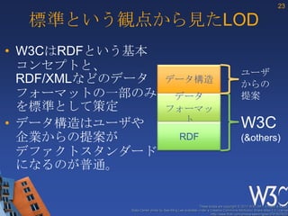 23

  標準という観点から見たLOD
• W3CはRDFという基本
  コンセプトと、                                                                            ユーザ
  RDF/XMLなどのデータ                   データ構造                                              からの
  フォーマットの一部のみ                      データ                                               提案
  を標準として策定                        フォーマッ
• データ構造はユーザや                        ト
                                                                                     W3C
  企業からの提案が                                  RDF                                      (&others)
  デファクトスタンダード
  になるのが普通。


                                                         These slides are copyright © 2012 W3C (MIT, ERCIM & Keio).
            Stata Center photo by See-Ming Lee available under a Creative Commons Attribution Share-Alike 2.0 License
                                                                 http://www.flickr.com/photos/seeminglee/3791607622/
 
