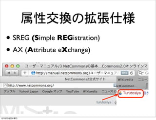 属性交換の拡張仕様
   • SREG (Simple REGistration)
   • AX (Attribute eXchange)




12年5月16日水曜日
 