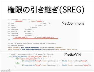 権限の引き継ぎ(SREG)
                NetCommons




                 MediaWiki



12年5月16日水曜日
 