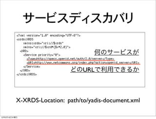 サービスディスカバリ

                                     何のサービスが

                            どのURLで利用できるか



          X-XRDS-Location: path/to/yadis-document.xml

12年5月16日水曜日
 