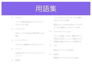 用語集
•   リポジトリ                     ブランチをチェックアウトしている場合
                              はそのブランチの名前
    コミットの集合(正確にはインデックスも
    リポジトリの一部)                 特定のコミット(タグなど)をチェックアウ
                              トしている場合は、そのコミットの事
•   インデックス
                          •   ブランチ(リファレンス)
    次のコミットに含まれる内容を覚えている
    場所                        コミットの別名。ただし、特定のコミット
                              を指すのではなく、コミット操作によって
•   ワーキングツリー
                              自動的に対象とするコミットが変化する
    リポジトリと関連付けられたディレクトリ
                          •   タグ
•   コミット
                              特定のコミットにつけた別名
    ある時点でのワーキングツリーのスナップ
                          •   master
    ショット
                              開発用ブランチのデファクトの名前
•   HEAD
 