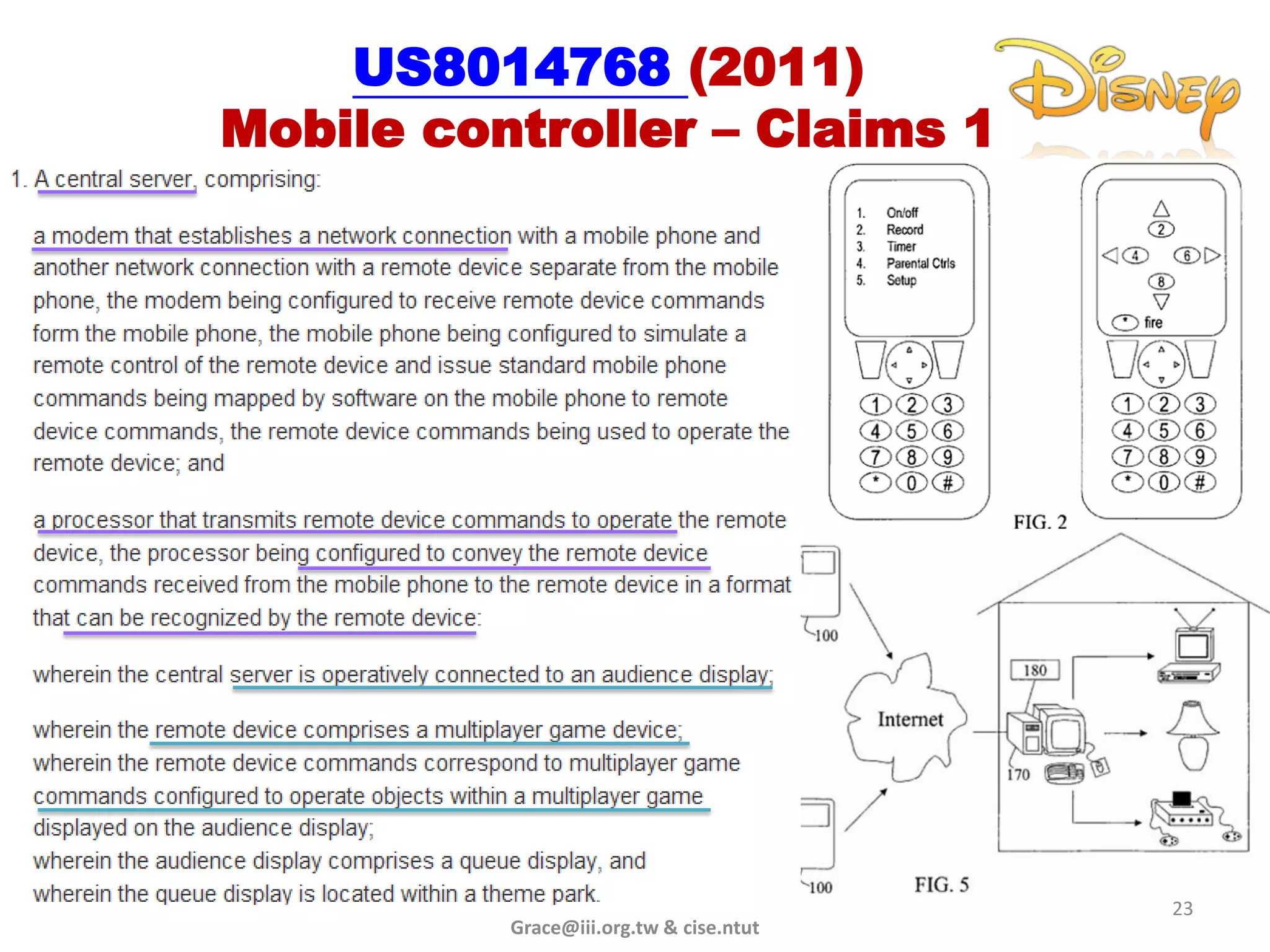 US8014768 (2011)
Mobile controller – Claims 1




                                         23
          Grace@iii.org.tw & cise.ntut
 