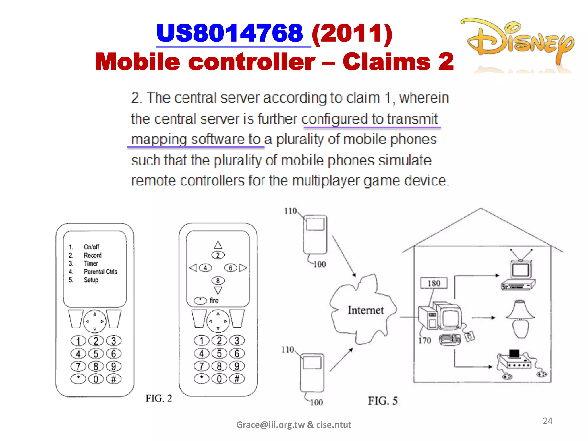 US8014768 (2011)
Mobile controller – Claims 2




           Grace@iii.org.tw & cise.ntut   24
 