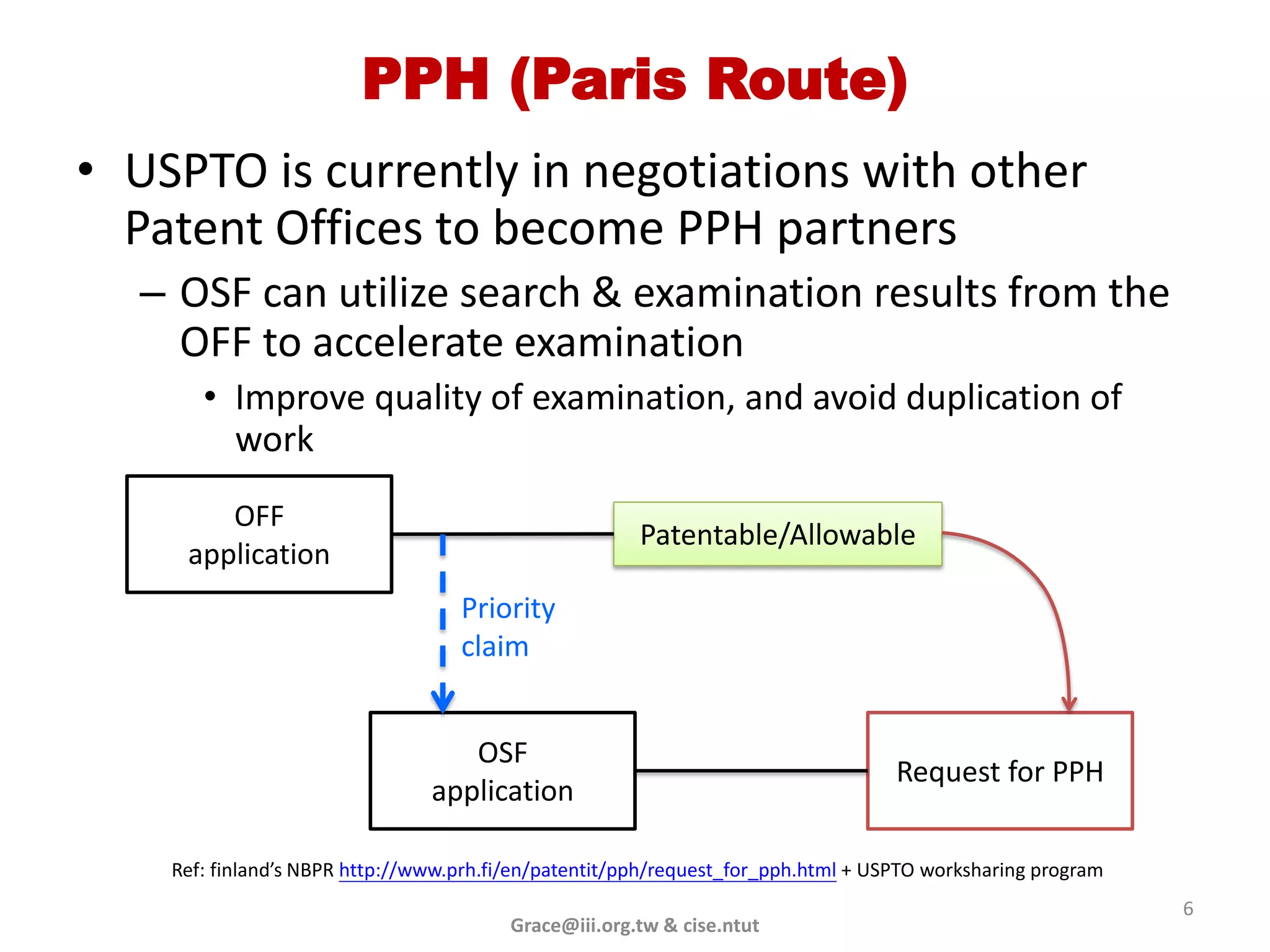 PPH (Paris Route)
• USPTO is currently in negotiations with other
  Patent Offices to become PPH partners
  – OSF can utilize search & examination results from the
    OFF to accelerate examination
       • Improve quality of examination, and avoid duplication of
         work
        OFF
                                                       Patentable/Allowable
     application
                                   Priority
                                   claim


                                   OSF
                                                                                   Request for PPH
                                application

    Ref: finland’s NBPR http://www.prh.fi/en/patentit/pph/request_for_pph.html + USPTO worksharing program
                                                                                                             6
                                         Grace@iii.org.tw & cise.ntut
 
