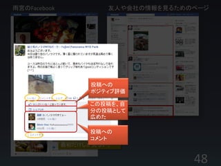 雨宮のFacebook            友人や会社の情報を見るためのページ




          多くの場合、ここか
             ら投稿
                   投稿への
                   ポジティブ評価

                   この投稿を、自
                   分の投稿として
                   広めた

              私のページで、
                    投稿への
              ほとんどの場合、
                    コメント
              最初だけしか見ない。

                                     48    /63
 