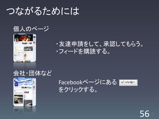 つながるためには
個人のページ

          ・友達申請をして、承認してもらう。
          ・フィードを購読する。


会社・団体など
          Facebookページにある
          をクリックする。



                           56   /63
 