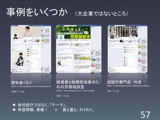 事例をいくつか                                                     （大企業ではないところ）




着物屋くるり                                     経営者と総務担当者のた                            虎斑竹専門店 竹虎
                                                                                  https://www.facebook.com/taketorayondaime
https://www.facebook.com/kimonoya.kururi
                                           めの労務相談室
10000 いいね                                  https://www.facebook.com/roumusoudan   7000 いいね

                                           2400 いいね



  会社紹介ではなく、「テーマ」。
  有益情報、素敵！ → 質と量と、わくわく。
                                                                                                                  57          /63
 