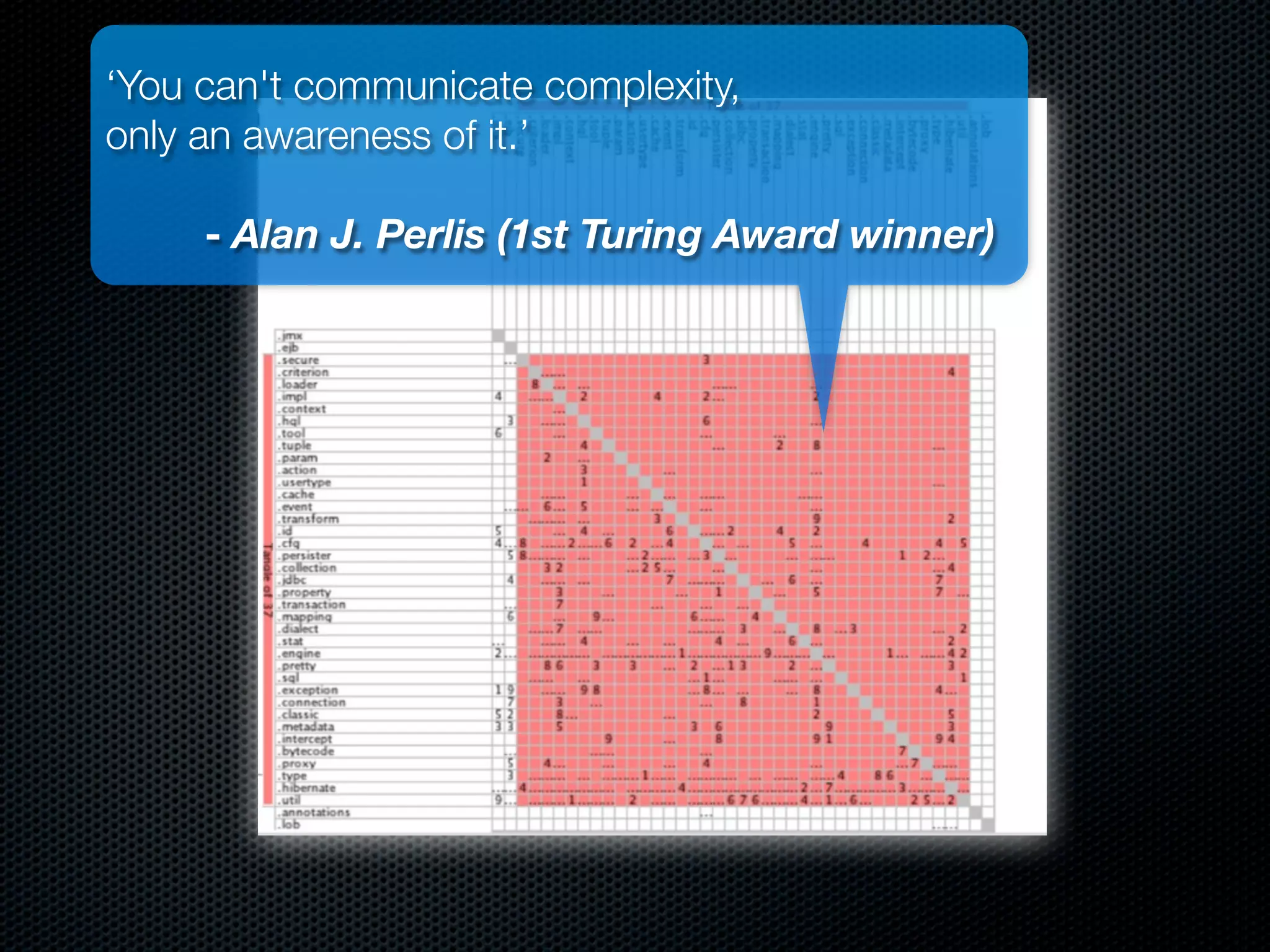 ‘You can't communicate complexity,
only an awareness of it.’

     - Alan J. Perlis (1st Turing Award winner)
 