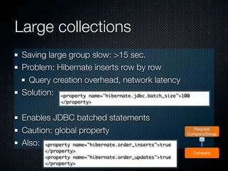 Large collections
 Saving large group slow: >15 sec.
 Problem: Hibernate inserts row by row
   Query creation overhead, network latency
 Solution: <property name="hibernate.jdbc.batch_size">100
              </property>


 Enables JDBC batched statements
 Caution: global property                                 Request
                                                        CompanyGroup

 Also: <property name="hibernate.order_inserts">true
                                                              1..*




        </property>                                         Company
        <property name="hibernate.order_updates">true
        </property>
 