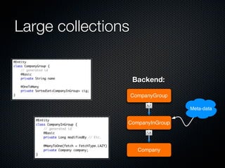 Large collections


                    Backend:

                    CompanyGroup
                         1..*
                                   Meta-data

                CompanyInGroup
                         *..1




                      Company
 