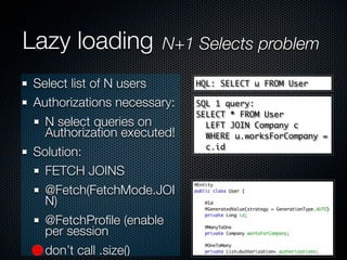 Lazy loading          N+1 Selects problem
                            HQL: SELECT u FROM User OUTER
Select list of N users...