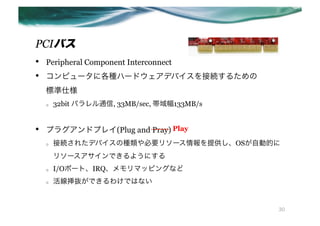 PCIХ
??   Peripheral Component Interconnect
??   ԥ`˸Nϩ`ɥǥХӾA뤿
     ˜˘
     o?   32bit ѥͨ, 33MB/sec, 133MB/s


??   ץ饰ɥץ쥤(Plug and   Play	
                        Pray)
     o?   ӾA줿ǥХηNҪ꥽`ṩOSԄӵĤ
          ꥽`Ǥ褦ˤ
     o?   I/Oݩ`ȡIRQޥåԥ󥰤ʤ
     o?   iǤ櫓ǤϤʤ


                                               30
 