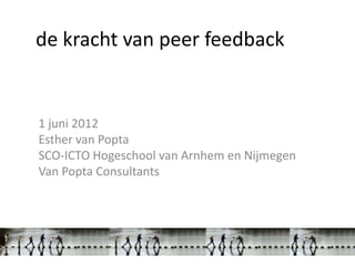 de kracht van peer feedback


1 juni 2012
Esther van Popta
SCO-ICTO Hogeschool van Arnhem en Nijmegen
Van Popta Consultants
 