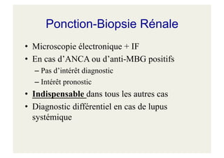 Ponction-Biopsie Rénale
• Microscopie électronique + IF
• En cas d’ANCA ou d’anti-MBG positifs
– Pas d’intérêt diagnostic
– Intérêt pronostic
• Indispensable dans tous les autres cas
• Diagnostic différentiel en cas de lupus
systémique
 