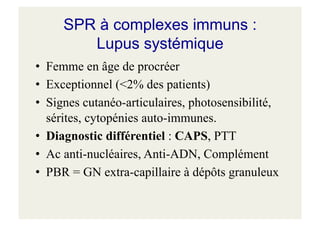 SPR à complexes immuns :
Lupus systémique
• Femme en âge de procréer
• Exceptionnel (<2% des patients)
• Signes cutanéo-articulaires, photosensibilité,
sérites, cytopénies auto-immunes.
• Diagnostic différentiel : CAPS, PTT
• Ac anti-nucléaires, Anti-ADN, Complément
• PBR = GN extra-capillaire à dépôts granuleux
 
