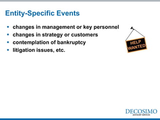 Entity-Specific Events
   changes in management or key personnel
   changes in strategy or customers
   contemplation of bankruptcy
   litigation issues, etc.
 