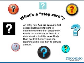 An entity now has the option to first
assess qualitative factors to
determine whether the “existence of
events or circumstances leads to a
determination that it is more likely
than not that the fair value of a
reporting unit is less than its carrying
amount.”
 