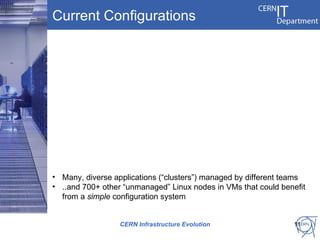 Current Configurations




• Many, diverse applications (“clusters”) managed by different teams
• ..and 700+ other “unmanaged” Linux nodes in VMs that could benefit
  from a simple configuration system


                  CERN Infrastructure Evolution                 11
 