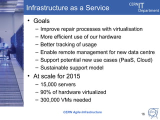 Infrastructure as a Service
• Goals
   –   Improve repair processes with virtualisation
   –   More efficient use of our hardware
   –   Better tracking of usage
   –   Enable remote management for new data centre
   –   Support potential new use cases (PaaS, Cloud)
   –   Sustainable support model
• At scale for 2015
   – 15,000 servers
   – 90% of hardware virtualized
   – 300,000 VMs needed

               CERN Agile Infrastructure
                                              16
 