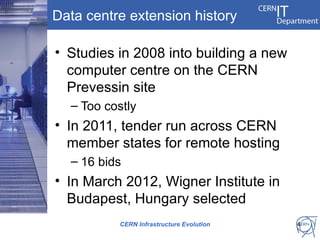 Data centre extension history

• Studies in 2008 into building a new
  computer centre on the CERN
  Prevessin site
  – Too costly
• In 2011, tender run across CERN
  member states for remote hosting
  – 16 bids
• In March 2012, Wigner Institute in
  Budapest, Hungary selected
          CERN Infrastructure Evolution   4
 