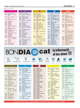 divendres 25 de maig de 2012                                                                                                         televisió 15
PROGRAMACIÓ


06.00	 Noticias 24 horas.          06.00	 TVE es música.             06.00	    Notícies 3/24.             06.15	 Éssers de sang freda.      06.45	 El zapping de Surfe-
06.30	 Telediario     matinal.     07.00	 Grandes documenta-         08.00	    Els matins.                       (ST)                               ros.
       (ST)                               les.                                                            07.00	 L’Àsia indòmita. (ST)      07.30	 Top gear.
                                                                     13.20	    El gran dictat. (ST)       08.00	 Les muntanyes del
09.00	 Los desayunos de            09.00	 Pueblo de Dios.            14.00	    Telenotícies      comar-          món. (ST)                  09.30	 Alerta Cobra. (ST)
       TVE.                        09.30	 Aquí hay trabajo.                    ques.                      08.45	 Pròxima parada. (ST)       	       Línea 834: viaje mortal.
10.15	 La mañana de La 1.          10.00	 UNED.                      14.20	    El medi ambient. (ST)      09.10	 Guies de butxaca. (ST)     10.30	 Rush.
       (ST)                        11.00	 Grandes documenta-                                              09.30	 La vida dels dofins.       11.30	 Alerta Cobra. (ST)
                                                                     14.30	    Telenotícies migdia.              (ST)
14.00	 L’informatiu.                      les.                                                                                              	       Cuestión de confianza.
                                                                               (ST)                       09.55	 Entre lleons. (ST)
14.30	 Corazón.                    12.00	 Para todos La 2.                                                                                  12.30	 Las mañanas de Cua-
                                                                     15.40	    Cuines. (ST)               10.45	 El documental.
15.00	 Telediario.                 13.40	 Crónicas.                                                       12.25	 Latituds.                          tro.
                                                                     15.50	    La Riera. (ST) (N)                                           14.00	 Noticias Cuatro. (ST)
16.05	 El tiempo.                  14.40	 Docufilia.                                                      13.00	 Extremadura des de
                                                                     16.40	    Divendres. (ST)                   l’aire. (ST)               14.50	 Deportes Cuatro. (ST)
16.15	 Amar en tiempos re-         15.35	 Saber y ganar. (ST)
                                                                     18.15	    Julie Lescaut. (ST)        13.30	 En Jimmy i la guerra       15.45	 House.
       vueltos.                    16.05	 Grandes documenta-                                                     dels aliments transgè-
                                                                     20.00	    Esport club. (ST)                                            	       Escalada.
17.05	 Corazón apasionado.                les.                                                                   nics. (ST)
                                                                     21.00	    Telenotícies     vespre.                                     	       De 5 a 9.
17.55	 Cielo rojo.                 18.25	 El escarabajo verde.                                            14.30	 Les biblioteques per-
                                                                               (ST)                              dudes de Tomboctou.        	       Vidas privadas.
19.00	 ¿Conoces España?            18.55	 Biodiario.
                                                                     21.50	    Futbol. Copa del Rei.      15.30	 Pròxima parada. (ST)       18.30	 XIX Torneo Nacional
19.30	 +Gente. (ST)                19.00	 La sala.
                                                                               (ST)                       15.55	 Les muntanyes del                  Alevín de Fútbol 7.
20.00	 Futbol. Previ Final         19.30	 Para todos La 2.                                                       món. (ST)
                                                                     	         FC        Barcelona-Ath.                                     	       Inclou     els    partits:
       Copa del Rei.               20.00	 L’informatiu.                                                   16.40	 Tresors del món. (ST)
                                                                               Bilbao.                                                              Barcelona-Vila-Real.
21.00	 Telediario 2.               20.30	 Moments.                                                        17.00	 Quèquicom. (ST)
                                                                                                          17.55	 ExperiMental. (ST)         	       Real Madrid-València.
21.40	 El tiempo.                  21.00	 Docufilia.                 00.20	    El vestidor. (ST)
                                                                                                          18.15	 Fets curiosos. (ST)        20.00	 Noticias Cuatro. (ST)
21.50	 Futbol. Copa del Rei.       21.50	 La suerte en tus ma-       01.40	    Pel·lícula. (ST)
                                                                                                          19.20	 City folk.                 20.45	 Deportes Cuatro.
	      Ath. de Bilbao-FC                  nos.                       	         Retrats de solitud. Amb    19.35	 Extremadura des de         21.30 	 Me cambio de familia.
       Barcelona.                  22.10	 El documental de La 2.               Sharon Stone, Timothy             l’aire. (ST)               00.30	 Callejeros.	
01.00	 Cinema.                     23.00	 Documental.                          Hutton, Dylan Baker,       20.00	 En Jimmy. (ST)             	       Prostitutas de Barcelona.
	      Parking 2.                                                              Pruitt Taylor.             21.10	 La Riera. (ST)
                                   23.50	 La 2 noticias.                                                  21.50	 Fotografies. (ST)          01.15	 Especial Callejeros.
02.30	 La noche en 24 h.           00.10	 Somos cortos.              03.00	    Ventdelplà. (ST)           22.15	 Thalassa. (ST)             	       Bagdad sin censura.
04.10	 TVE es música.              00.40	 Metrópolis.                03.50	    Jazz a l’estudi.           23.00	 Millennium. (ST)           02.15	 Three rivers.




 BONDIA                                                                               cat                              la informació
                                                                                                                       al teu abast !!!
                                                                                                                      23
                     Apunts d’Or




06.30	 Informativos Telecin-       06.15	 Noticias de la mañana.     07.00	    Cafeïna.                   07.00	 laSexta en concierto.      06.55	 8 de 8.
       co.                         09.00	 Espejo público.            08.00	    Club Banyetes.             08.15	 Carreteras     secunda-
                                   12.00	 Karlos Arguiñano en        08.15	    Notícies vespre.                                             07.55	 Resum 8 al dia.
09.00	 El programa de Ana                                                                                        rias. (ST)
                                          tu cocina. (ST)            09.00	    Lleida al dia.             09.15	 Crímenes imperfectos.
       Rosa.                                                                                                                                08.55	 Televenda.
                                   12.30	 La ruleta de la suerte.    10.30	    Televenda.
                                                                                                                 (ST)
	      Magazine conduït per               (ST)                       11.00	    Cafeïna.                                                     10.55	 Resum 8 al dia.
                                                                                                          10.35	 Informe criminal.
       Ana Rosa Quintana.          14.00	 Los Simpson. (ST)          12.00	    Al pot petit.
                                                                     12.30	    Fins diumenge.             11.30	 Crímenes imperfectos:      11.45	 Diagnòstic assassinat.
12.45	 Mujeres y hombres y         	      Como rockanrolee en mis
                                                                     13.00	    Llanterna digital.                historias criminales.
                                          vacaciones de verano.
       viceversa.                                                    13.30	    Criatures.                        (ST)                       12.30	 S’ha escrit un crim.
                                   	      Ciudadano Burns.
14.30	 De buena ley.               15.00	 Antena 3 Noticias 1.       14.00	    Notícies migdia.           12.30	 Al rojo vivo.
                                                                     14.45	    Aran TV.                                                     13.25	 Arucitys.
15.00	 Informativos Telecin-       15.40	 Deportes.                                                       	      Espai presentat per An-
                                   15.50	 Tu tiempo con Roberto      15.00	    Cafeïna.                          tonio G. Ferreras.         15.50	 La tata.
       co. (ST)                                                      16.00	    Notícies migdia.
                                          Brasero.                                                        13.55	 laSexta/noticias. (ST)
16.00	 Sálvame diario.                                               16.45	    Pinzellades d’art.                                           16.15	 Inspector Wolff.
                                   16.15	 Bandolera. (ST)                                                 15.00	 laSexta deportes.
	      Amb Paz Padilla.                                              17.00	    Univers.
                                   17.15	 El secreto de Puente                                            15.15	 laSexta meteo.             17.05	 Diagnòstic assassinat.
20.00	 Pasapalabra.                                                  17.30 	   Fanzivid.
                                          Viejo. (ST)                                                     15.30	 El millonario.
                                                                     18.00	    Picalletres.
21.00	 Informativos Telecin-       18.30	 Ahora caigo.               18.30	    Club Banyetes.             16.15	 Bones.                     18.50	 8 al dia.
       co.                         19.45	 Atrapa un millón. (ST)     18.45	    La caixa màgica.           18.00	 Navy:      investigación
                                   21.00	 Antena 3 Noticias 2.                                                                              22.00	 Sessió XL.
22.00	 Sálvame de luxe.                                              19.00	    Podria ser.                       criminal.
                                   21.30	 Deportes.                  19.15	    Aran TV.                   19.55	 laSexta noticias. (ST)
	      Talk-show     presentat                                                                                                              	       La inquilina de Wildfell
                                   21.35	 El tiempo.                 19.30	    Xs sports.
       per Jorge Javier Váz-                                                                              20.50	 laSexta meteo.
                                   22.00	 Cinema.                    20.00	    Notícies vespre.                                                     hall. Amb Tara Fitzge-
                                                                                                          21.00	 laSexta deportes.
       quez.                       	      La herencia de los Han-    20.40	    El temps.
                                          sen. Amb Bettina Zim-                                           21.30	 #laSexta columna.                  rald, Toby Stephens,
02.30	 Locos por ganar.                                              20.45	    Un país, un paradís.
                                          mermann, Franco Nero                                            22.20	 Baby boom.
03.30	 Más que coches.                                               21.00	    Socarrats.
                                          i Oliver Bootz.                                                 23.25	 Navy:      investigación           Rupert Graves.
                                                                     21.30	    Lleida al dia.
04.00	 En concierto.               01.30	 Equipo de investiga-       23.00	    Notícies vespre.                  criminal.
                                                                                                                                            01.00	 Diagnòstic assassinat.
04.30	 Infocomerciales.                   ción.                      23.45	    Televenda.                 02.00	 Astro TV.
05.30	 Fusión sonora.              02.30	 Minutos musicales.         00.30	    Cafeïna.                   06.00	 Teletienda.                01.45	 Clips.


                       (E) Estéreo // (D) Dual // (VOS) Versió original subtitulada // (ST) Subtítol al Teletext // (N) Comentaris per invidents
 
