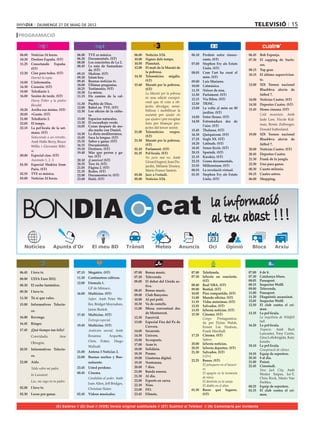 DIUMENGE 27 DE MAIG DE 2012                                                                                                                TELEVISIÓ 15
PROGRAMACIÓ



06.00   Noticias 24 horas.             06.00   TVE es música.               06.00   Notícies 3/24.              06.10   Perduts entre rinoce-        06.45   Bob Esponja.
10.30   Destino España. (ST)           06.30   Documentals. (ST)            10.00   Signes dels temps.                  ronts. (ST)                  07.30   El zapping de Surfe-
11.25   Conectando España.             08.00   Los conciertos de La 2.      10.50   Planetari.                  07.00   Stephen Fry als Estats
                                       08.45   La ruta de Samarkan-                                                                                          ros.
        (ST)                                                                12.00   El matí de la Marató de             Units. (ST)
                                               da. (ST)                                                                                              08.15   Top gear.
12.20   Cine para todos. (ST)          09.15   Shalom. (ST)                         la pobresa.                 08.05   Com l’art ha creat el
                                                                            14.30   Telenotícies migdia.                                             10.15   El último supervivien-
        Harriet la espía.              09.30   Islam hoy.                                                               món. (ST)
                                       09.45   Buenas noticias tv.                  (ST)                                                                     te.
14.00   L’informatiu.                                                                                           09.00   Luis Mariano.
                                       10.00   Últimas preguntas.           15.40   Marató per la pobresa.      10.00   Catmúsica.                   12.00   XIX Torneo nacional
14.30   Corazón. (ST)
                                       10.25   Testimonio. (ST)                     (ST)                        11.35   Néixer de nou.                       Bluebbva alevín de
15.00   Telediario 1.                  10.30   La missa.                            La Marató per la pobresa    11.50   Parlament. (ST)                      fútbol 7.
16.00   Sesión de tarde. (ST)          11.15   Els camins de la cal-                és una edició excepci-
        Harry Potter y la piedra               ma.                                                              12.15   Via llibre. (ST)             14.00   Noticias Cuatro. (ST)
                                                                                    onal que té com a ob-       12.50   TR3SC.
        ﬁlosofal.                      11.30   Pueblo de Dios.                                                                                       14.50   Deportes Cuatro. (ST)
                                       12.00   Babel en TVE. (ST)                   jectiu divulgar, sensi-
18.20   Arriba ese ánimo. (ST)                                                                                  13.00   La volta al món en 80        15.45   Home cinema. (ST)
                                       12.30   Los oﬁcios de la cultu-              bilitzar i mobilitzar la
                                                                                                                        jardins. (ST)
20.05   +Gente. (ST)                           ra.                                  societat per ajudar els                                                  Cold mountain. Amb
                                                                                                                14.00   Entre lleons. (ST)
21.00   Telediario 2.                  13.00   Espacios naturales.                  que ajuden i per recaptar                                                Jude Law, Nicole Kid-
                                       13.30   El escarabajo verde.                                             14.50   Extremadura des de
22.05   El temps.                                                                   fons per ﬁnançar pro-                                                    man, Renée Zellweger,
                                       14.05   Cenas después de me-                                                     l’aire. (ST)
22.15   La pel·lícula de la set-                                                    jectes del tercer sector.                                                Donald Sutherland.
                                               dia noche con Daniel.                                            15.45   Thalassa. (ST)
        mana. (ST)                                                          21.00   Telenotícies      vespre.
                                       14.30   La dieta mediterránea.                                           16.30   Quèquicom. (ST)              19.00   XIX Torneo nacional
        Seduciendo a un extraño.       15.05   Saca la lengua. (ST)                 (ST)
                                                                            21.50   Marató per la pobresa.      17.25   Segle XX. (ST)                       Bluebbva alevín de
        Amb Halle Berry, Bruce         15.35   Saber y ganar. (ST)
                                       16.15   Documentals.                         (ST)                        18.20   Latituds. (ST)                       fútbol 7.
        Willis i Giovanni Ribi-                                                                                 18.45   Sense ﬁcció. (ST)
                                       19.10   Destinos. (ST)               01.10   Parlament. (ST)                                                  20.00   Noticias Cuatro. (ST)
        si.                            19.40   Más que perros y ga-                                             20.15   Sputnik. (ST)
                                                                            01.25   Pel·lícula. (ST)                                                 20.45   Deportes Cuatro.
00.00   Especial cine. (ST)                    tos. (ST)                                                        21.15   Karakia. (ST)
                                                                                    No juris mai res. Amb                                            21.30   Frank de la jungla.
        Asesinato 1, 2, 3.             20.10   ¡Convive! (ST)                                                   22.25   Grans documentals.
                                                                                    Gérard Jugnot, Jean Du-
01.50   Especial Shakira from          20.35   Tres 14. (ST)                                                    23.55   Millennium. (ST)             22.30   Uno para ganar.
                                       21.05   Página 2. (ST)                       jardin, Mélanie Doutey,
        Paris. (ST)                                                                 Marie-France Santon.        00.55   La revolució virtual.        00.30   Cuarto milenio.
                                       21.35   Redes. (ST)
02.55   TVE es música.                 22.00   Documentos tv. (ST)          03.00   Jazz a l’estudi.            01.55   Stephen Fry als Estats       04.15   Cuatro astros.
05.00   Noticias 24 horas.             23.00   Haití. (ST)                  05.00   Notícies 3/24.                      Units. (ST)                  06.00   Shopping.




 BONDIA                                                                                    cat                                la informació
                                                                                                                              al teu abast !!!
                                                                                                                             23
                        Apunts d’Or




06.45   I love tv.                     07.15   Megatrix. (ST)               07.00   Bonus music.                07.00   Teletienda.                  07.00   8 de 8.
                                       11.30   Centímetros cúbicos.         07.30   Televenda.                  07.30   laSexta en concierto.        07.30   Catalunya blues.
08.00   UEFA Euro 2012.                                                                                                                              08.05   Passaport.
                                                                            08.00   El debat del Lleida ac-             (ST)
                                       12.00   Fórmula 1.                                                                                            08.15   Inspector Wolﬀ.
08.30   El coche fantástico.                                                        tiva.                       08.40   Real NBA. (ST)
                                               GP de Mònaco.                                                    09.00   Bestial. (ST)                09.00   Televenda.
09.30   I love tv.                                                          08.45   Bonus music.
                                       16.00   Multicine. (ST)                                                  10.05   Piso compartido. (ST)        11.00   Passaport.
                                                                            09.00   Club Banyetes.
11.30   Tú sí que vales.                                                                                        11.00   Mundo oﬁcina. (ST)           11.20   Diagnòstic assassinat.
                                               Safari. Amb Peter We-        10.00   Al pot petit.
                                                                                                                11.55   Vidas anónimas. (ST)         12.05   Inspector Wolﬀ.
15.00   Informativos Telecin-                  ller, Bridget Moynahan,      10.30   Va de castells.                                                  12.50   El club contra el cri-
                                                                                                                12.55   Salvados. (ST)
                                               Jamie Barlett.               11.00   Missa conventual des        13.55   laSexta noticias. (ST)               men.
        co.
                                                                                    de Montserrat.              15.30   Cinema. (ST)                 13.35   La pel·lícula.
                                       17.45   Multicine. (ST)
16.00   Revenge.                                                            12.30   Fanzivid.                           Congo. Protagonitza-                 La inquilinia de Wildfell
                                               Entrega especial.                                                                                             hall.
16.45   Ringer.                                                             13.00   Especial Fira del Pa de             da per Dylan Walsh,
                                       19.45   Multicine. (ST)                      Cervera.                            Ernest Lee Hudson,           16.20   La pel·lícula.
17.45   ¡Qué tiempo tan feliz!                 Ambición mortal. Amb         14.00   Socarrats.                                                               Trapecio. Amb Burt
                                                                                                                        Frank Marshall.
                                                                                                                                                             Lancaster, Tony Curtis,
        Convidada:              Ana            Rosanna          Arquette,   14.30   Univers.                    17.25   Cinema. (ST)
                                                                                                                                                             Gina Lollobrigida, Katy
                                               Chris    Potter,    Diego    15.00   Xs-esports.                         Sphere.
        Obregón.                                                                                                                                             Jurado.
                                                                            17.00   Aran tv.                    20.00   laSexta noticias.
                                               Wallraﬀ.                                                                                              18.10   La pel·lícula.
20.55   Informativos Telecin-                                               18.00   Solidària.                  20.55   laSexta deportes. (ST)
                                                                                                                                                             Conspiració de silenci.
                                       21.00   Antena 3 Noticias 2.                                             21.30   Salvados. (ST)
                                                                            18.30   Promo.                                                           19.35   Equip de reporters.
        co.                            22.00   Buenas noches y Bue-                                                     I+D+I.
                                                                            19.00   Llanterna digital.                                               20.30   8 al dia.
22.00   Aída.                                                                                                   22.25   Bones. (ST)                  21.00   Poirot.
                                               nafuente.                    19.30   Nostranau.
                                                                                                                        El peluquero en el basure-   22.45   Cinestudi.
        Toldo sobre mi padre.          23.45   Usted perdone.               20.00   7 dies.
                                                                                                                        ro.                                  New Jack City. Amb
                                       00.45   Cinema.                      21.00   Banda sonora.                       El apagón en la tormenta
        In Luisment.                                                                                                                                         Wesley Snipes, Ice-T,
                                                                            21.30   Al dia.                             de nieve.
                                               Candidata al poder. Amb                                                                                       Chris Rock, Mario Van
        Luc, me cago en tu padre.                                           22.00   Esports en xarxa.                   El dentista en la zanja.             Peebles.
                                               Joan Allen, Jeﬀ Bridges,     22.30   Nius.                               El diablo en el altar.       00.25   Equip de reporters.
02.00   I love tv.                             Christian Slater.            23.00   DO.                         01.30   Bares qué lugares.           01.15   El club contra el cri-
02.30   Locos por ganar.               02.45   Vídeos musicales.            23.45   Filmets.                            (ST)                                 men.


                           (E) Estéreo // (D) Dual // (VOS) Versió original subtitulada // (ST) Subtítol al Teletext // (N) Comentaris per invidents
 