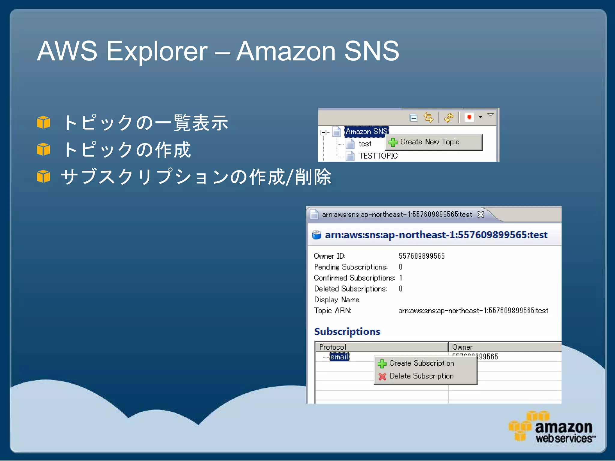 AWS Explorer – Amazon SNS

 トピックの一覧表示
 トピックの作成
 サブスクリプションの作成/削除
 
