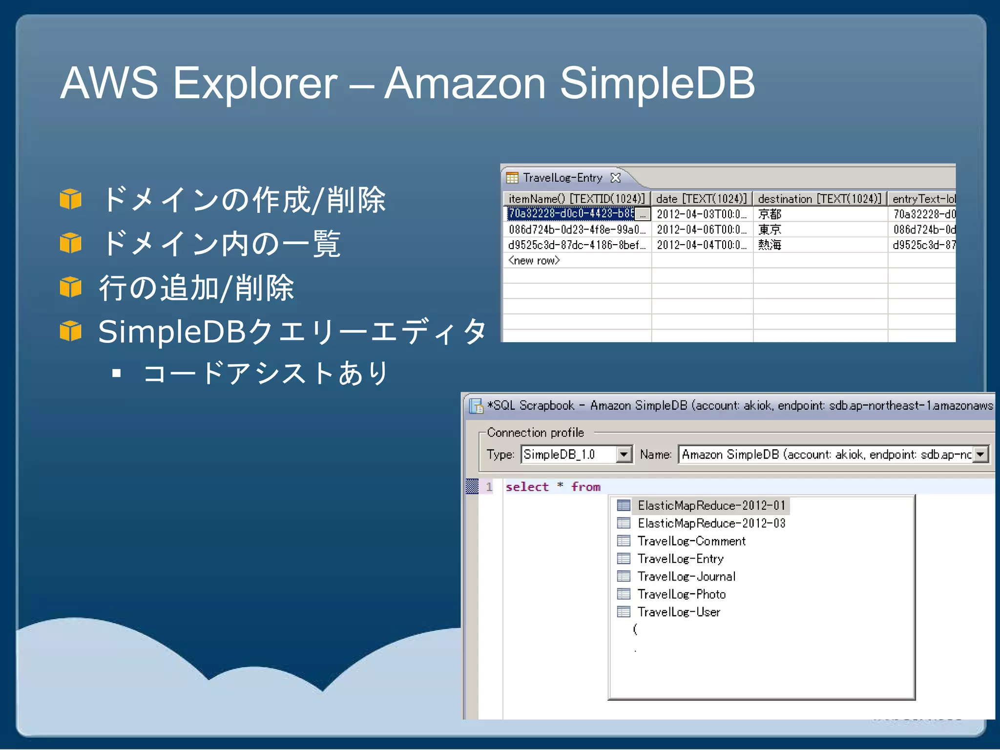 AWS Explorer – Amazon SimpleDB

 ドメインの作成/削除
 ドメイン内の一覧
 行の追加/削除
 SimpleDBクエリーエディタ
   コードアシストあり
 