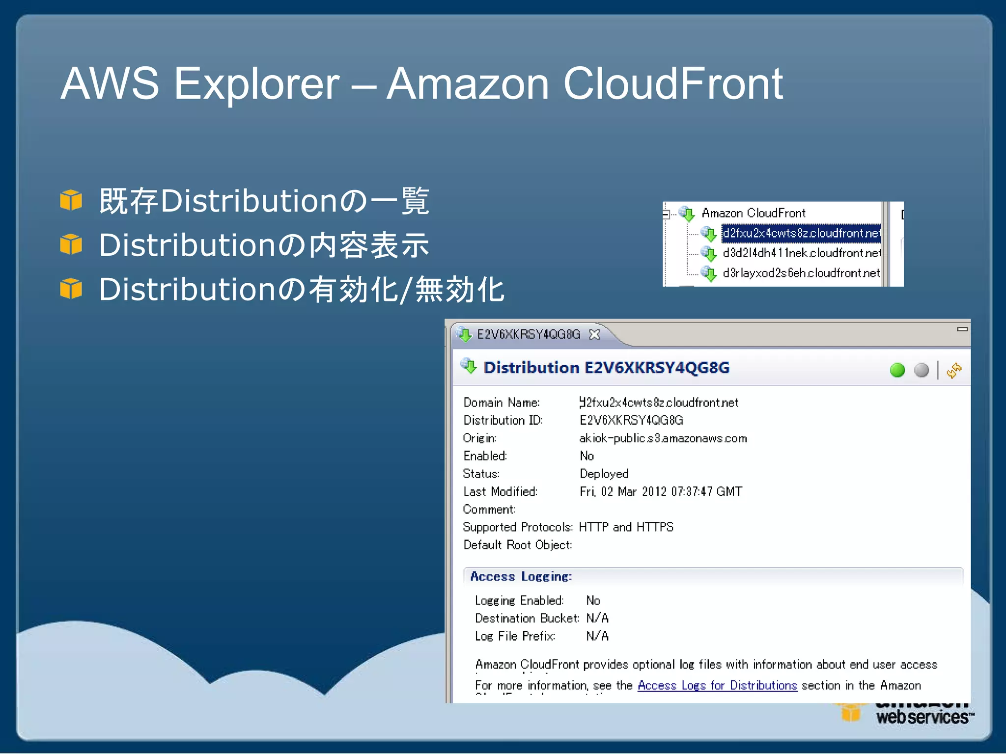 AWS Explorer – Amazon CloudFront

 既存Distributionの一覧
 Distributionの内容表示
 Distributionの有効化/無効化
 