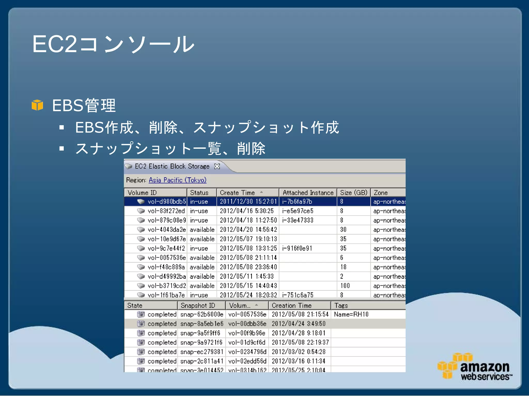 EC2コンソール

EBS管理
  EBS作成、削除、スナップショット作成
  スナップショット一覧、削除
 