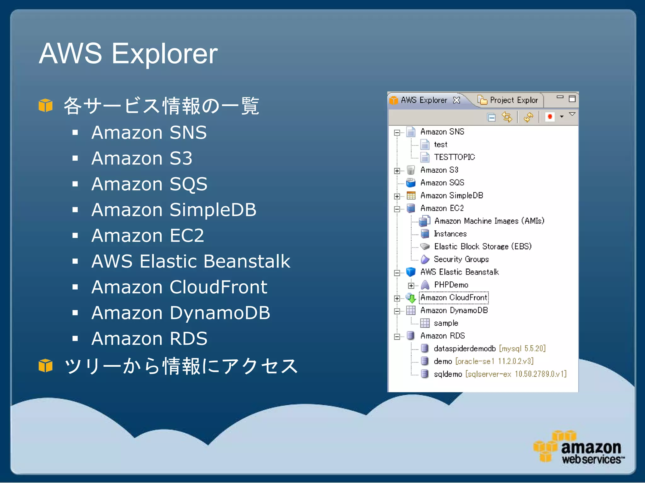 AWS Explorer
 各サービス情報の一覧
     Amazon SNS
     Amazon S3
     Amazon SQS
     Amazon SimpleDB
     Amazon EC2
     AWS Elastic Beanstalk
     Amazon CloudFront
     Amazon DynamoDB
     Amazon RDS
 ツリーから情報にアクセス
 