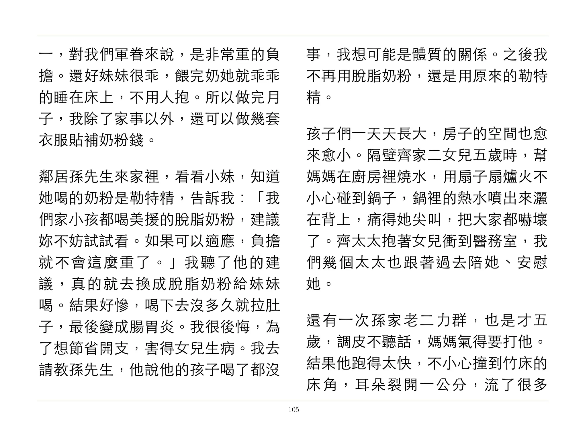 ⼀一，對我們軍眷來說，是非常重的負
擔。還好妹妹很乖，餵完奶她就乖乖
的睡在床上，不用人抱。所以做完月
子，我除了家事以外，還可以做幾套
衣服貼補奶粉錢。
鄰居孫先生來家裡，看看小妹，知道
她喝的奶粉是勒特精，告訴我：「我
們家小孩都喝美援的脫脂奶粉，建議
妳不妨試試看。如果可以適應，負擔
就不會這麼重了。」我聽了他的建
議，真的就去換成脫脂奶粉給妹妹
喝。結果好慘，喝下去沒多久就拉肚
子，最後變成腸胃炎。我很後悔，為
了想節省開支，害得女兒生病。我去
請教孫先生，他說他的孩子喝了都沒
事，我想可能是體質的關係。之後我
不再用脫脂奶粉，還是用原來的勒特
精。
孩子們⼀一天天長大，房子的空間也愈
來愈小。隔壁齊家二女兒五歲時，幫
媽媽在廚房裡燒水，用扇子扇爐火不
小心碰到鍋子，鍋裡的熱水噴出來灑
在背上，痛得她尖叫，把大家都嚇壞
了。齊太太抱著女兒衝到醫務室，我
們幾個太太也跟著過去陪她、安慰
她。
還有⼀一次孫家老二力群，也是才五
歲，調皮不聽話，媽媽氣得要打他。
結果他跑得太快，不小心撞到竹床的
床角，耳朵裂開⼀一公分，流了很多
105
 