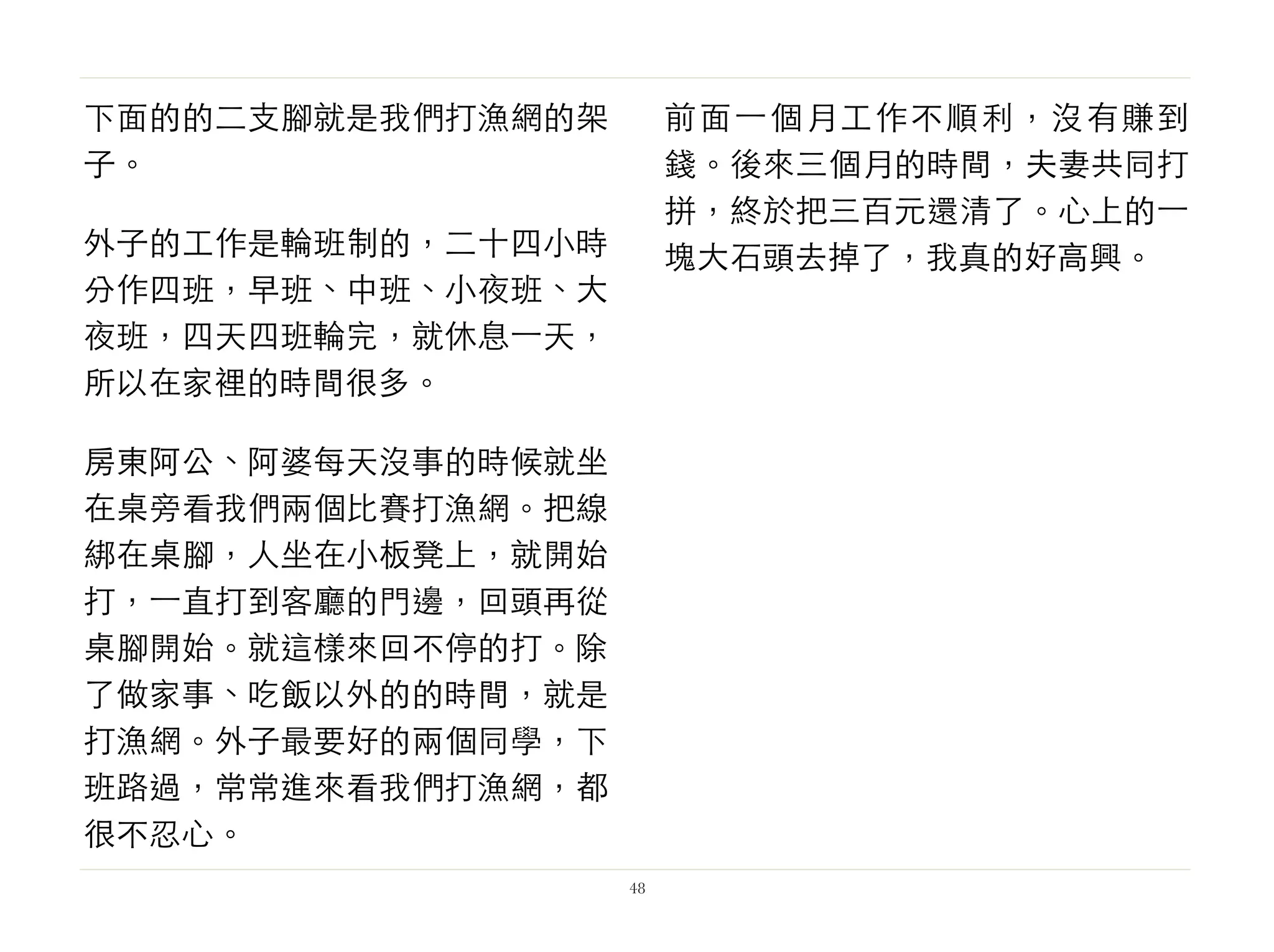 下面的的二支腳就是我們打漁網的架
子。
外子的工作是輪班制的，二十四小時
分作四班，早班、中班、小夜班、大
夜班，四天四班輪完，就休息⼀一天，
所以在家裡的時間很多。
房東阿公、阿婆每天沒事的時候就坐
在桌旁看我們兩個比賽打漁網。把線
綁在桌腳，人坐在小板凳上，就開始
打，⼀一直打到客廳的門邊，回頭再從
桌腳開始。就這樣來回不停的打。除
了做家事、吃飯以外的的時間，就是
打漁網。外子最要好的兩個同學，下
班路過，常常進來看我們打漁網，都
很不忍心。
前面⼀一個月工作不順利，沒有賺到
錢。後來三個月的時間，夫妻共同打
拼，終於把三百元還清了。心上的⼀一
塊大石頭去掉了，我真的好高興。
48
 