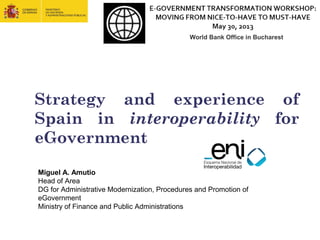 Miguel A. Amutio
Head of Area
DG for Administrative Modernization, Procedures and Promotion of
eGovernment
Ministry of Finance and Public Administrations
Strategy and experience of
Spain in interoperability for
eGovernment
World Bank Office in Bucharest
 