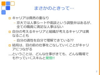 まさかのときって…

  キャリゕは偶然の重なり
   – 京ヸではヽ事シートや面談という調整弁はあるが、
     全ての職員に満足なヽ事はない
 自分の考えるキャリゕと組織が考えるキャリゕは異
   なることも
   – 自分の適性を自分で理解できている??
 結局は、目の前の仕事をこなしていくことがキャリ
   ゕにつながる
...ということは、どんな仕事がきても、どんな職場で
   もやっていくスキルと覚悟!!


                               2
 
