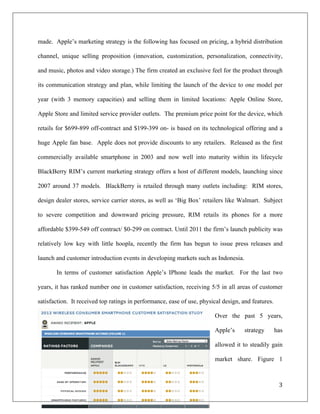 made. Apple’s marketing strategy is the following has focused on pricing, a hybrid distribution

channel, unique selling proposition (innovation, customization, personalization, connectivity,

and music, photos and video storage.) The firm created an exclusive feel for the product through

its communication strategy and plan, while limiting the launch of the device to one model per

year (with 3 memory capacities) and selling them in limited locations: Apple Online Store,

Apple Store and limited service provider outlets. The premium price point for the device, which

retails for $699-899 off-contract and $199-399 on- is based on its technological offering and a

huge Apple fan base. Apple does not provide discounts to any retailers. Released as the first

commercially available smartphone in 2003 and now well into maturity within its lifecycle

BlackBerry RIM’s current marketing strategy offers a host of different models, launching since

2007 around 37 models. BlackBerry is retailed through many outlets including: RIM stores,

design dealer stores, service carrier stores, as well as ‘Big Box’ retailers like Walmart. Subject

to severe competition and downward pricing pressure, RIM retails its phones for a more

affordable $399-549 off contract/ $0-299 on contract. Until 2011 the firm’s launch publicity was

relatively low key with little hoopla, recently the firm has begun to issue press releases and

launch and customer introduction events in developing markets such as Indonesia.

       In terms of customer satisfaction Apple’s IPhone leads the market. For the last two

years, it has ranked number one in customer satisfaction, receiving 5/5 in all areas of customer

satisfaction. It received top ratings in performance, ease of use, physical design, and features.

                                                                        Over the past 5 years,

                                                                        Apple’s      strategy       has

                                                                        allowed it to steadily gain

                                                                        market share. Figure 1



                                                                                                     3	
  
	
  
 